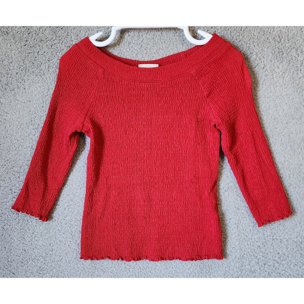 Y2K Faded Glory Smocked Boat Neck Top Womens L 12/14 Red 3/4 Sleeve Lettuce Edge